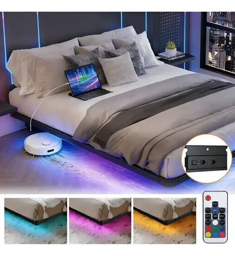 Estrutura De Cama De Metal Flutuante Casal Ctomadargb Led