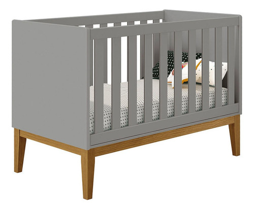 Berço Mini Cama Noah Square Com Pés Em Madeira Cinza Fosco