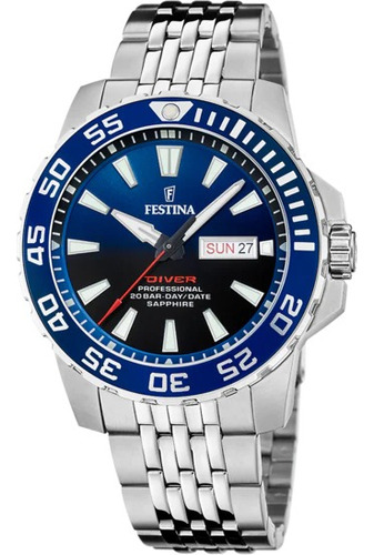 Reloj Festina F20661.1 Para Hombre Zafiro Fechador 200mts Malla Plateado Bisel Azul Fondo Azul