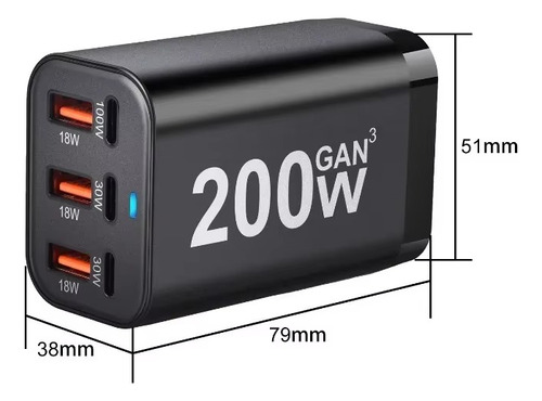 Gan Carga Rápida 200w 6puertos Usb C /a Mac Notebook Android