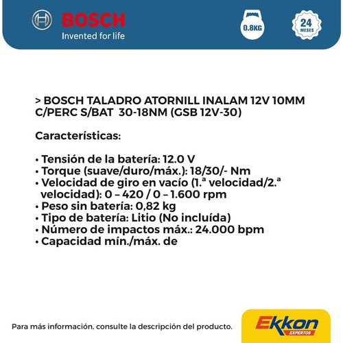 Imagen 4 de 9 de Taladro Atornillador Percutor Inalámbrico Bosch Sin Batería