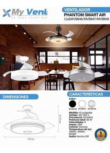 Ventilador De Techo C/luz Y C/bocina Bluetooth - My Vent 1.07 M 50 Hz/60 Hz Negro Transparente Plástico 4
