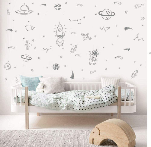 Vinilo Decorativo Pared Planetas Espacio Gris