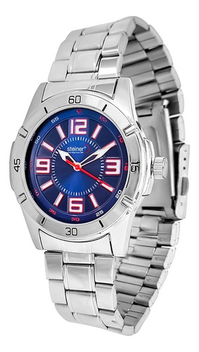 Reloj Análogo Para Caballero Steiner 42mm Acero Inoxidable Correa Plateado Bisel Plateado Fondo Azul