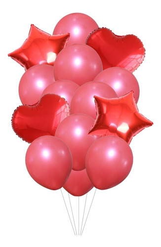 Set 14 Globos Metalizados Cumpleaños Estrella Corazón Rojo