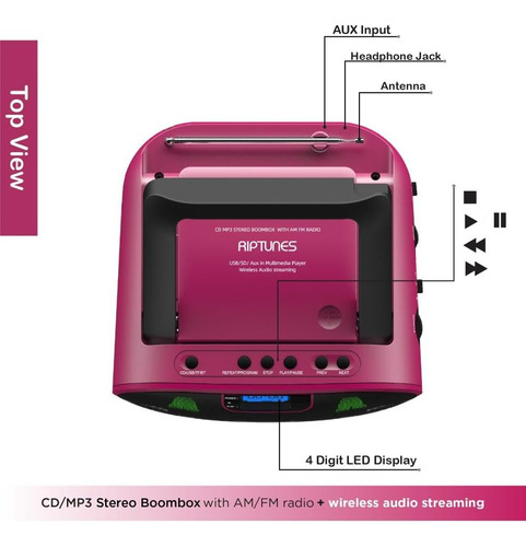 Riptunes Portable Cd Player Boombox Am Fm Radio, Bluetooth,