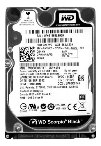 Hd Sata Interno Wd Black 500gb 7.2k 2.5 Wd5000bpkt 0n3vvg Cor Prateado