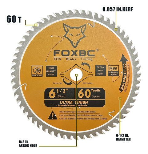 Hojas De Sierra Circular Foxbc 6-1/2 Pulgadas Amarillo