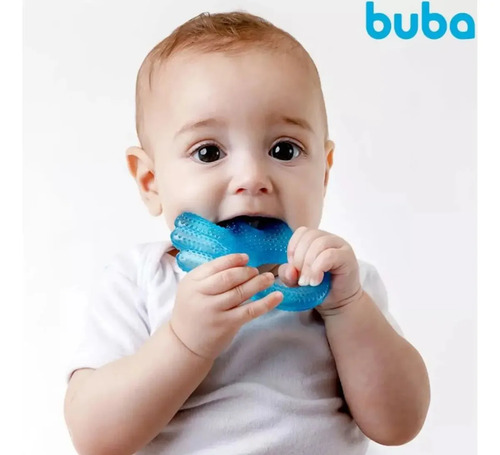 Mordedor Maozinha Bebe Infantil Massageador Boca Com Água Cor Azul Liso