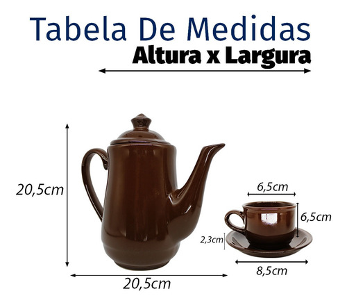 Imagem 3 de 7 de Jogo De Cha Em Ceramica Marrom Cafe 12pçs Com Bule Pires
