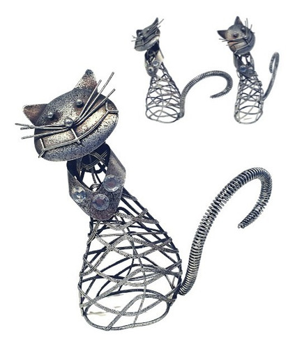 Gato Con Strass Metal Artesanal Plateado Decoración  19x9cm 