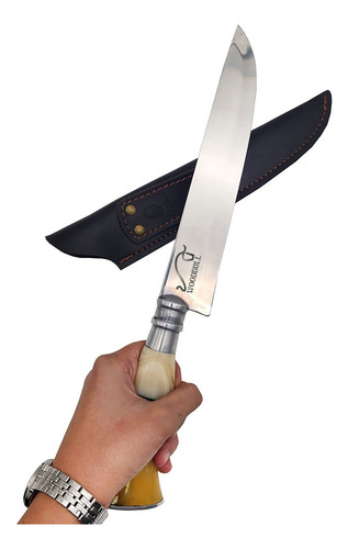 Faca Churrasco Inox Artesanal Cabo Osso Chifre 8 + Bainha Cor Marrom