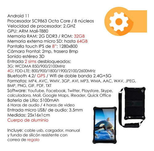 Imagen 6 de 6 de Tablet Vak 73x 8' Hd 2+32gb Doble Camara Sim Android 11 Wifi