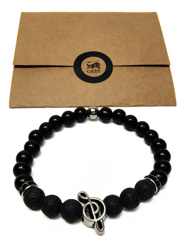 Pulsera De Hombre Con Piedra De Lava + Dije Clave De Sol