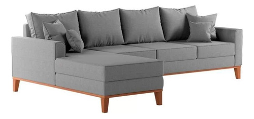 Sofá 4 Lugares Chaise Esquerdo Linho Base E Pés De Madeira Cor Cinza
