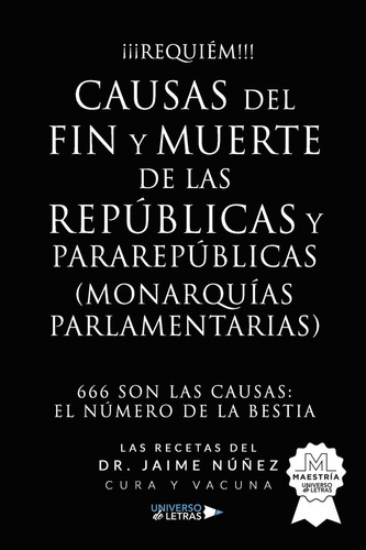 Causas Del Fin Y Muerte De Las Repúblicas Y Pararepúblicas (monarquías Parlamentarias), De Núñez , Dr. Jaime.., Vol. 1.0. Editorial Universo De Letras, Tapa Blanda, Edición 1.0 En Español, 2022