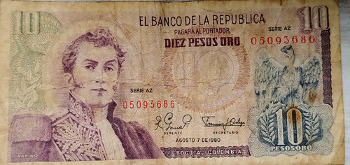 Billete De 10 Pesos Oro ,colombianos Agosto 1980 Serie Az 