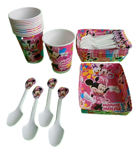 Kit Decoracion Infantil Minnie Mouse 12niños Vasos Bandejas