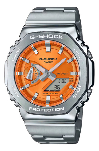 Relógio Casio G-shock G-steel GM-2110d-2a Ts Watch, pulseira prateada, moldura prateada, fundo laranja