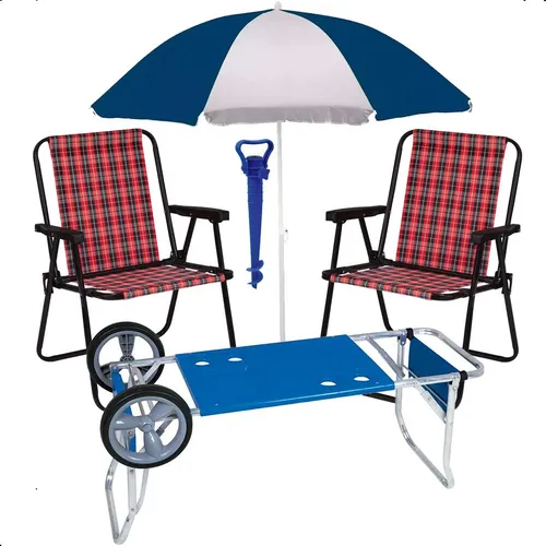 Kit Praia Carrinho + Cadeira Aço + Saca Areia + Guarda Sol