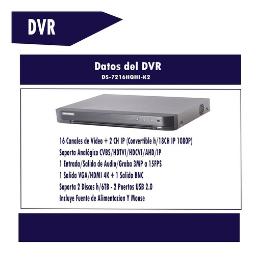 Grabadora Dvr 16 Canales 3mp Hikvision Turbo Hd Audio 7216hqhi