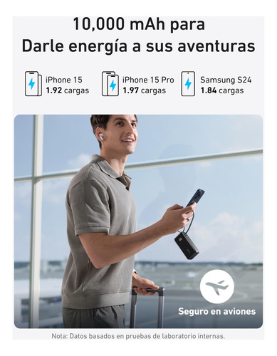 Power Bank Anker 3-en-1 USB C Cargador, Cargador Portátil de 10,000mAh con Cable USB-C Integrado y Enchufe Plegable, Batería Compacta de 30W Máx, para iPhone 15 Series, Samsung Galaxy, MacBook, Negro