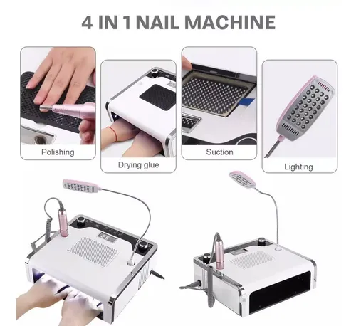 Set Torno Uñas 30000rpm+ Aspirador+ Lampara Uv + Led /4 En 1 Blanco