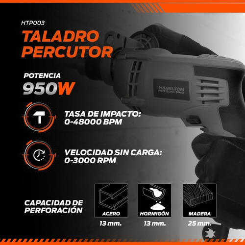 Taladro Percutor Eléctrico 220v 950w Mandril 13mm Hamilton Htp003