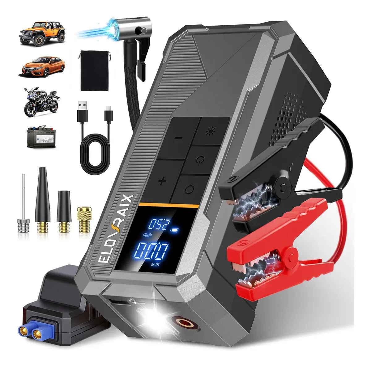 Imagen de ELOVRAIX Arrancador De Batería 8000a 30000mah Con Inflador 150psi Para Auto Con Led Pantalla Y Luz Led, 3 Modos De Iluminación Y Modo Sos, Para Automóvil Motocicleta Camioneta Cortacésped Todoterreno