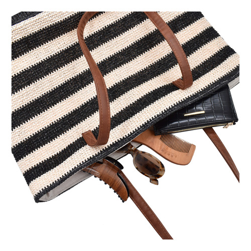 Bolsa De Playa Rayas Negras Y Beige Espaciosa