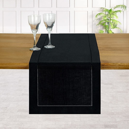 D'moksha Black Table Runner 14x120 Inch- 100% Pure Linen Hem