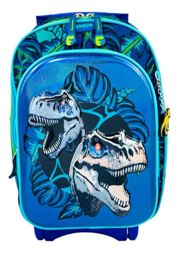 Mochila Rueditas Carrito Dinosaurios Jurassic T-rex Primaria Azul Dinosaurios