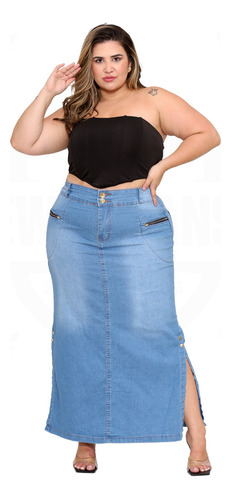 Saia Longa Jeans Abertura Lateral Plus Size - Azul Claro