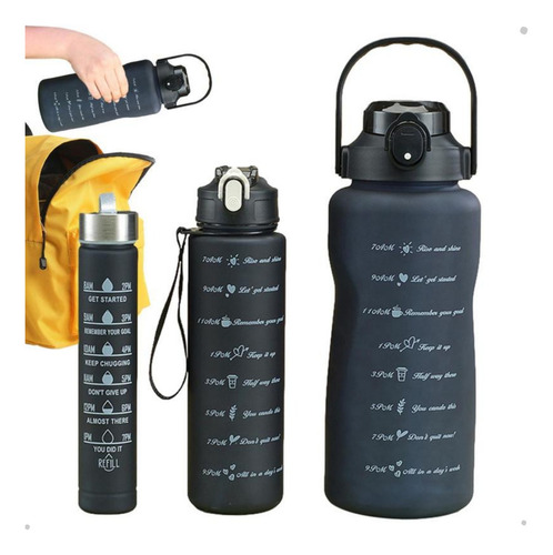 Kit de 3 botellas de entrenamiento motivacional Academia Squeeze de color negro, frases motivadoras en botella