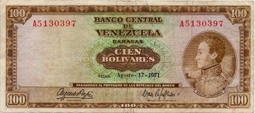 Billete 100 Bolívares 17 De Agosto 1971 Serial A7