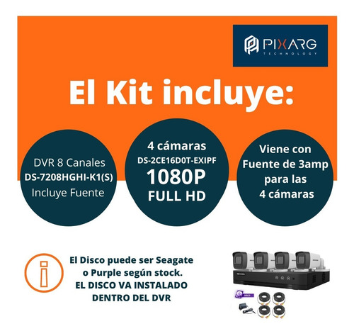 Imagen 2 de 10 de Kit Hikvision Camaras 1080p + Dvr 8ch + Disco+ Accesorios!