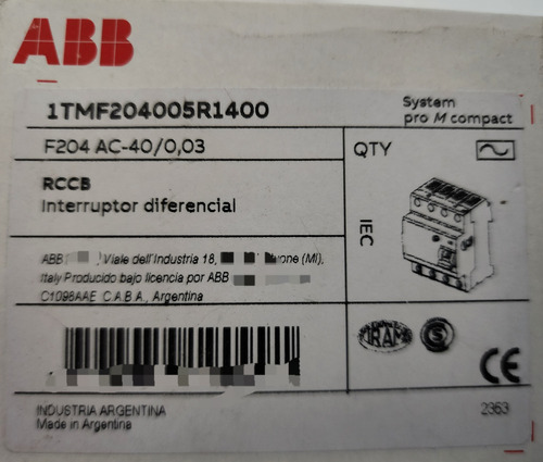 Interruptor Diferencial 4p 40a 30ma Abb Ref. 1tmf204005r1400