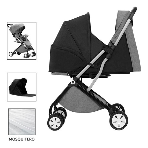 Carriola Carreola Bebe 2en1 Plegable De Baston Cuna Premium Color Gris Chasis Negro