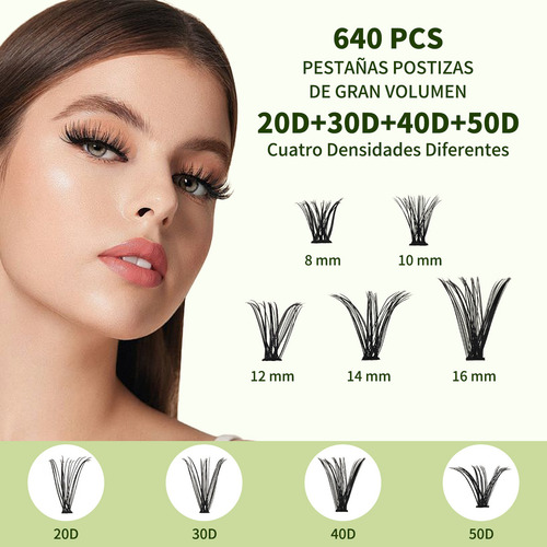640 Racimos Kit De Pestañas Postizas Reutilizables 8-16mm
