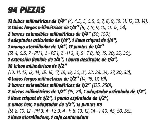 Caja Set Juego Llaves Tubo Bocallaves 94pza Enc. 1/2 1/4