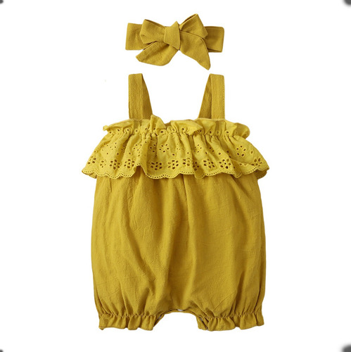 Mameluco De Verano De Algodón Con Diadema Tirantes Y Encaje Amarillo 0-3 M Lisa