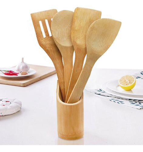 Juego De Utensilios De Bambu Con Base - Ju2031 Color Amarillo