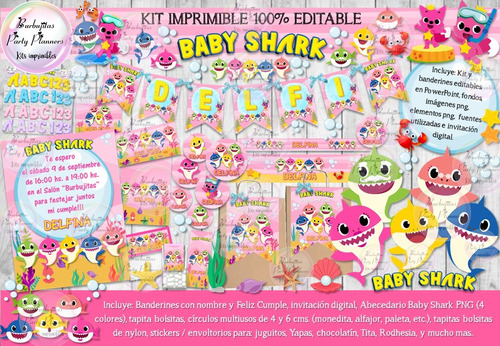 Kit Imprimible Candy Bar Baby Shark Rosa 100% Editable