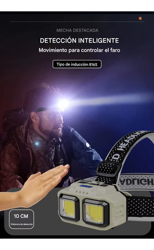 Lampara Linterna Frontal Potente Cob Recargable Luz Cabeza