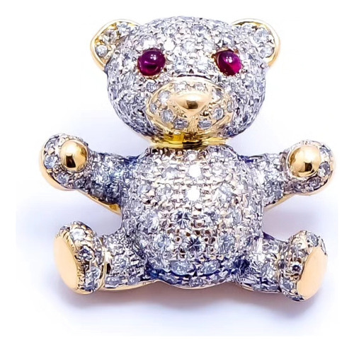 Dije Bear Diamond Pendant En Oro 18k Más Brillantes Y Rubí.