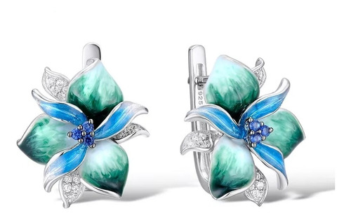 Aretes De Flor Esmaltada Verde Y Azul, Circonia Aaa