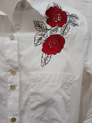 Camisa Zara Blanca Mujer Talle L Manga Larga Con Bolsillo (Usado)