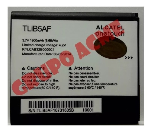 Imagen 2 de 3 de Batería Alcatel Onetouch C5 Tlib5af 30d Gtia Tienda Chacao