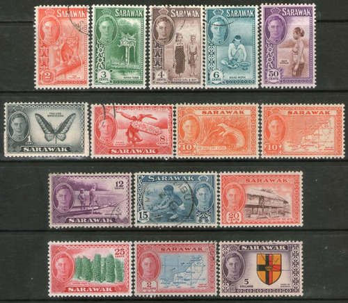 Imagen 1 de 1 de Sarawak 15 Sellos Mariposa, Oso Hormiguero, Piragua 1950-52