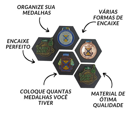 Porta Medalhas De Mdf Unissex Hexagonal - Kit Com 5 Peças Cor Preto